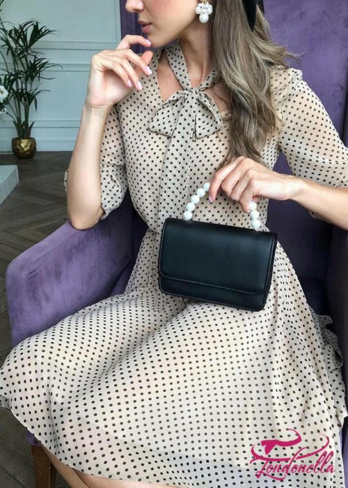 Off white chiffon dress with black dots &nice tie on top