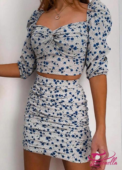 Trendy white & blue small flower set with ruffle sleeves top and skirt