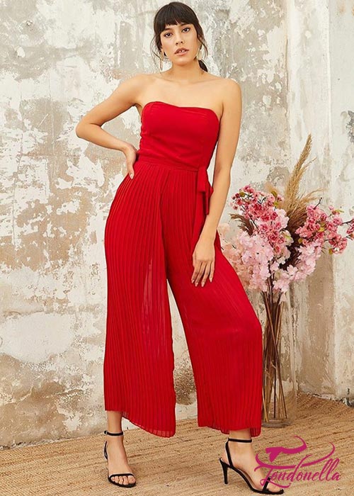 Red strapless overall with chiffon pleats