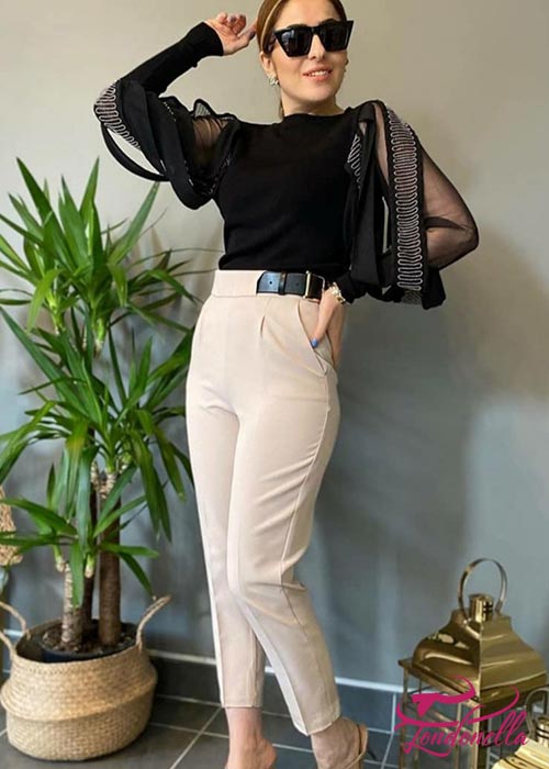 Beige trousers with side belt