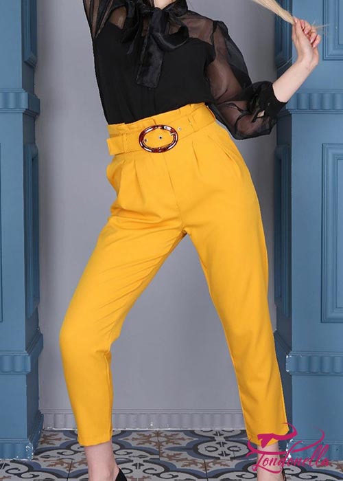 Fashionable high waist trouser in yellow-mustard color with detailed belt