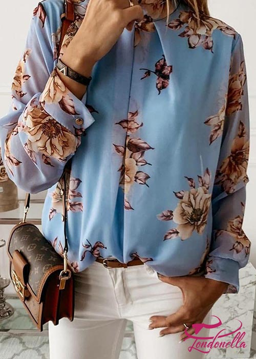 An amazing light blue elegant shirt with brown flowers print