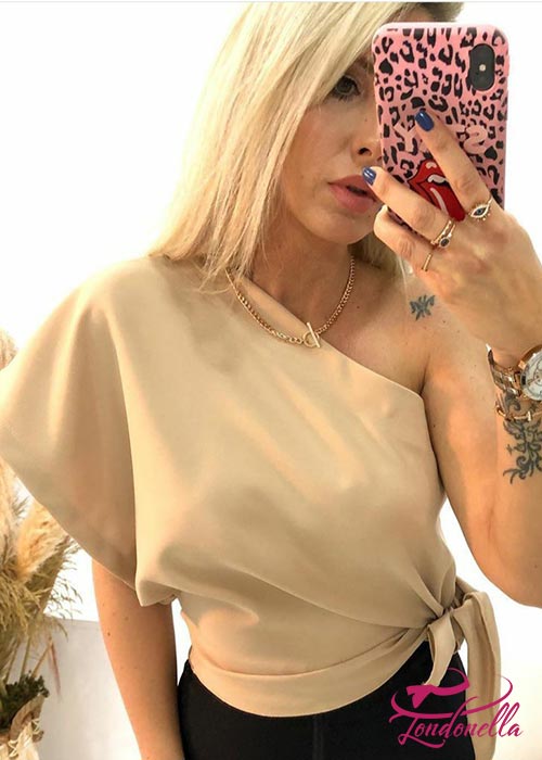 Beige blouse with one shoulder & waist tie on the side