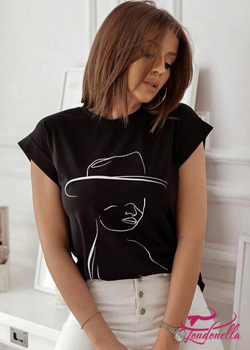 Trendy black T-shirt with womanly print