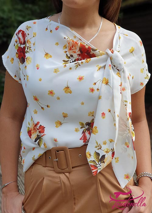 Summer white blouse with floral prints with tie on top