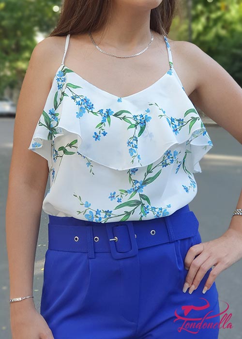 Summer white blouse with floral prints