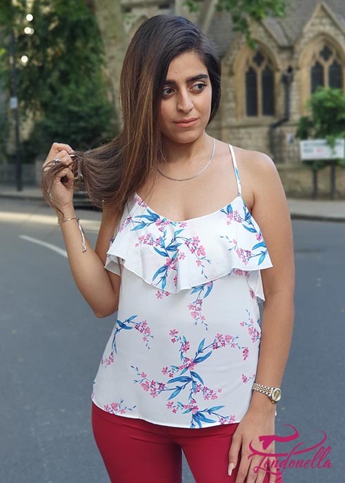 Summer white blouse with floral prints