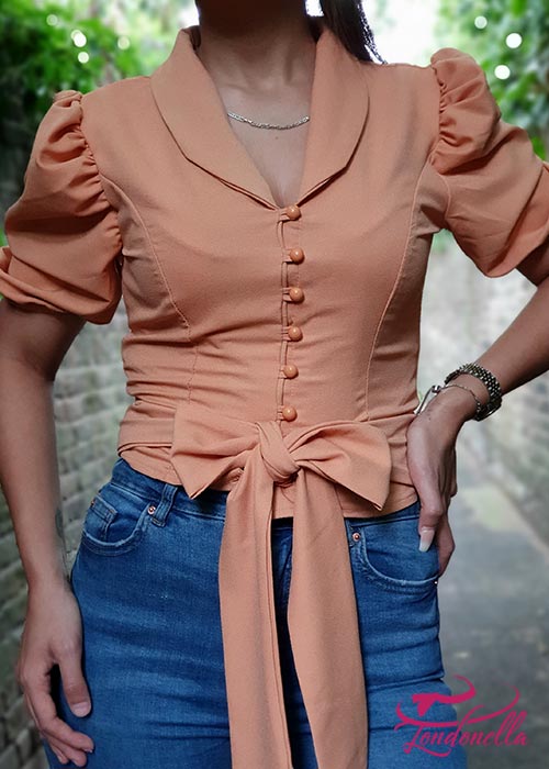 Peach blouse puff sleeves with tie front or could be back